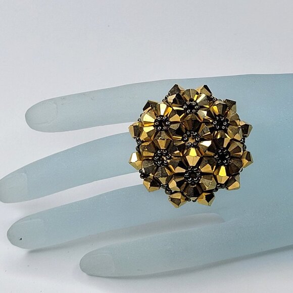 Gold Sparkling Crystal Ring Cluster Ring Glitter Bicone Beads Stretch Ring - Picture 3 of 10